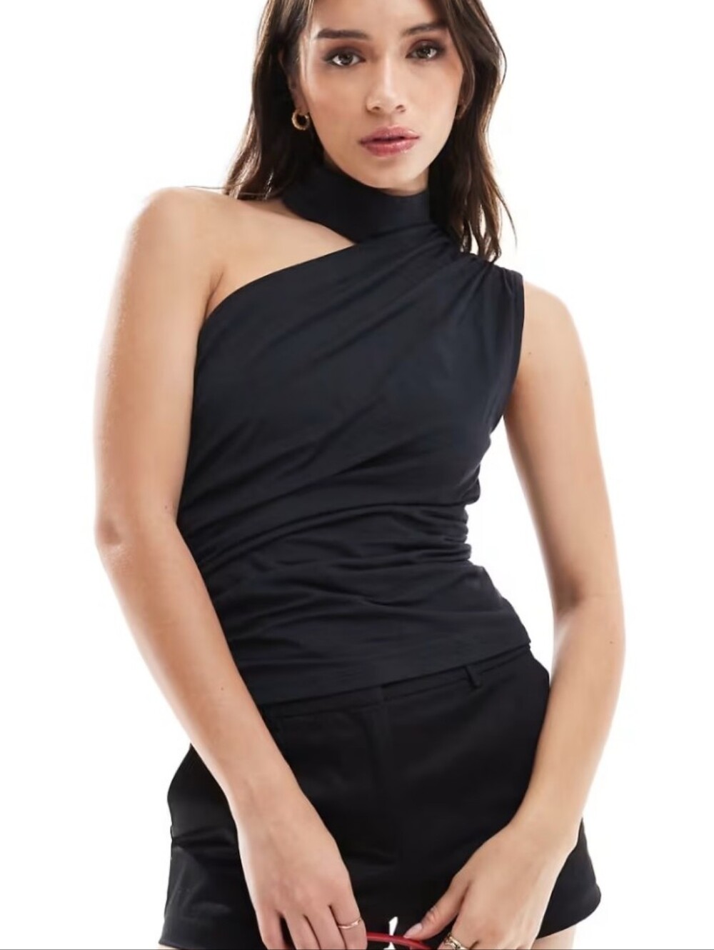 Abercrombie & Fitch One Shoulder Ruched Top Black Modal Blend Medium